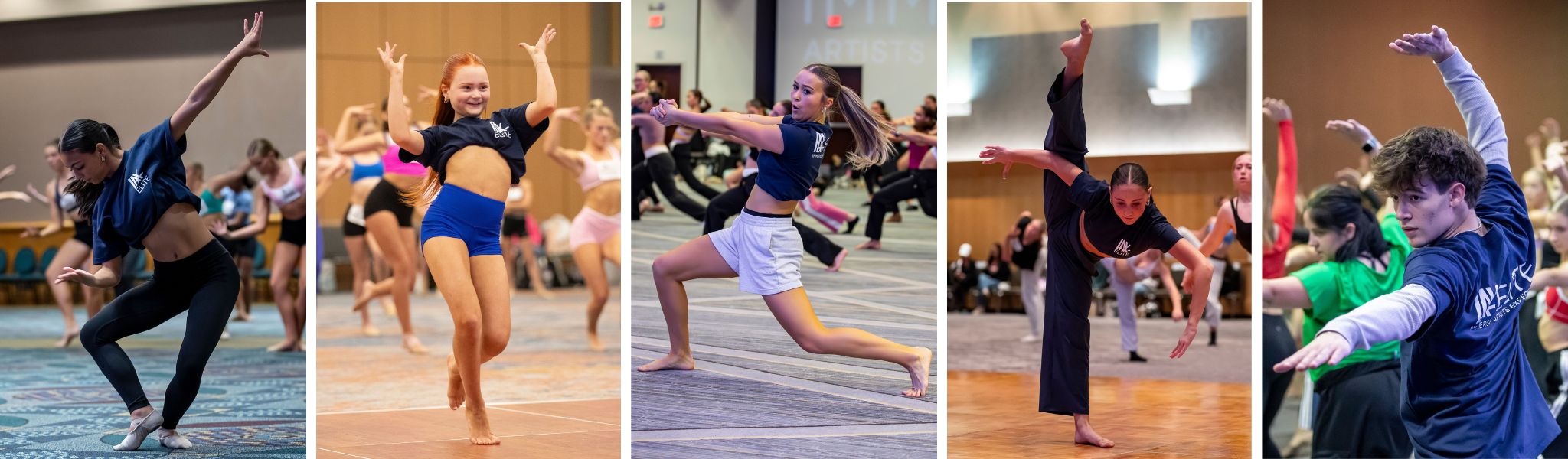 Five dancers, each mid-movement, perform expressive contemporary dance routines in a brightly lit indoor space with an audience and other dancers in the background.