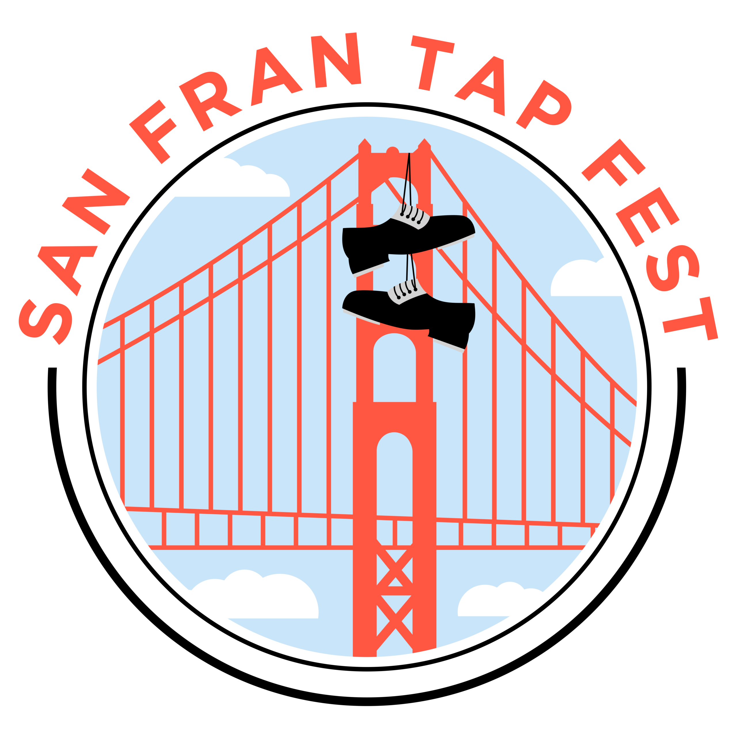 Logo for San Fran Tap Fest featuring the Golden Gate Bridge with a pair of black tap shoes hanging from the top, and red text curved around the top of the circle that reads “San Fran Tap Fest.”.
